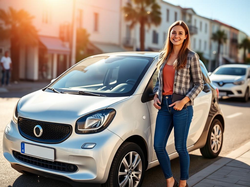 Automobilista sorridente accanto alla sua auto