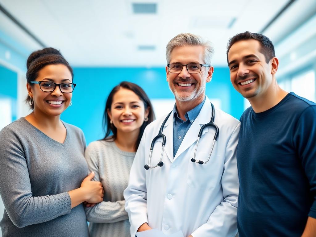 Medico con una famiglia in una clinica moderna